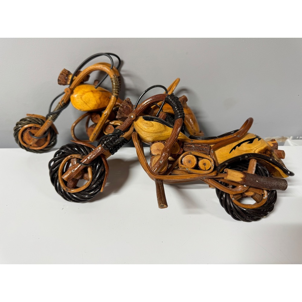 Vintage Handcrafted Wooden Motorcycle Models Set of 2 Folk Art Rustic Choppers